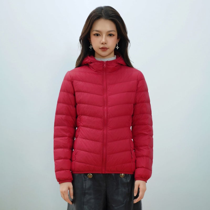Women's Red Lightweight Down Jacket with Hood, Windproof Polyester Puffer Coat, Warm Winter Outerwear for Outdoor and Casual Use - Image 1